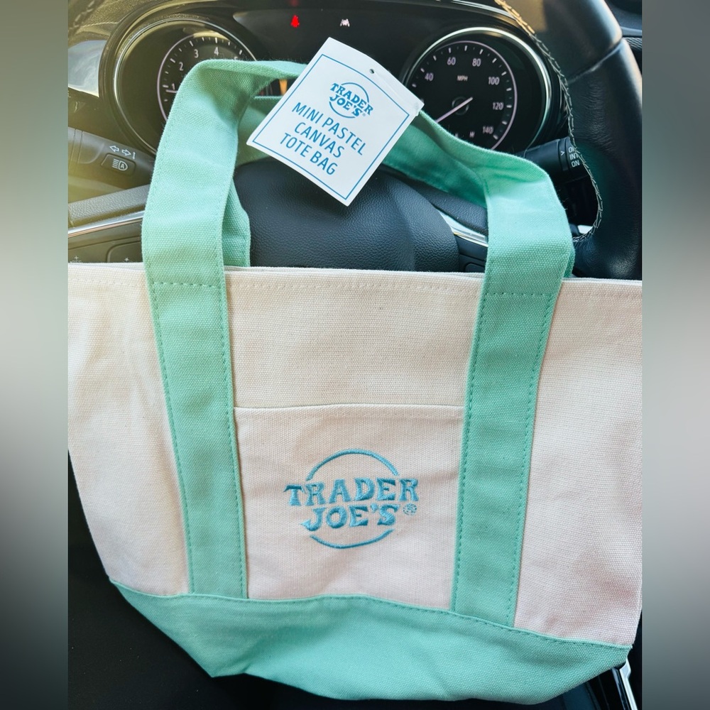 Trader Joe's Mini 2026 Pastel Canvas Tote Bag - Mint and Cream